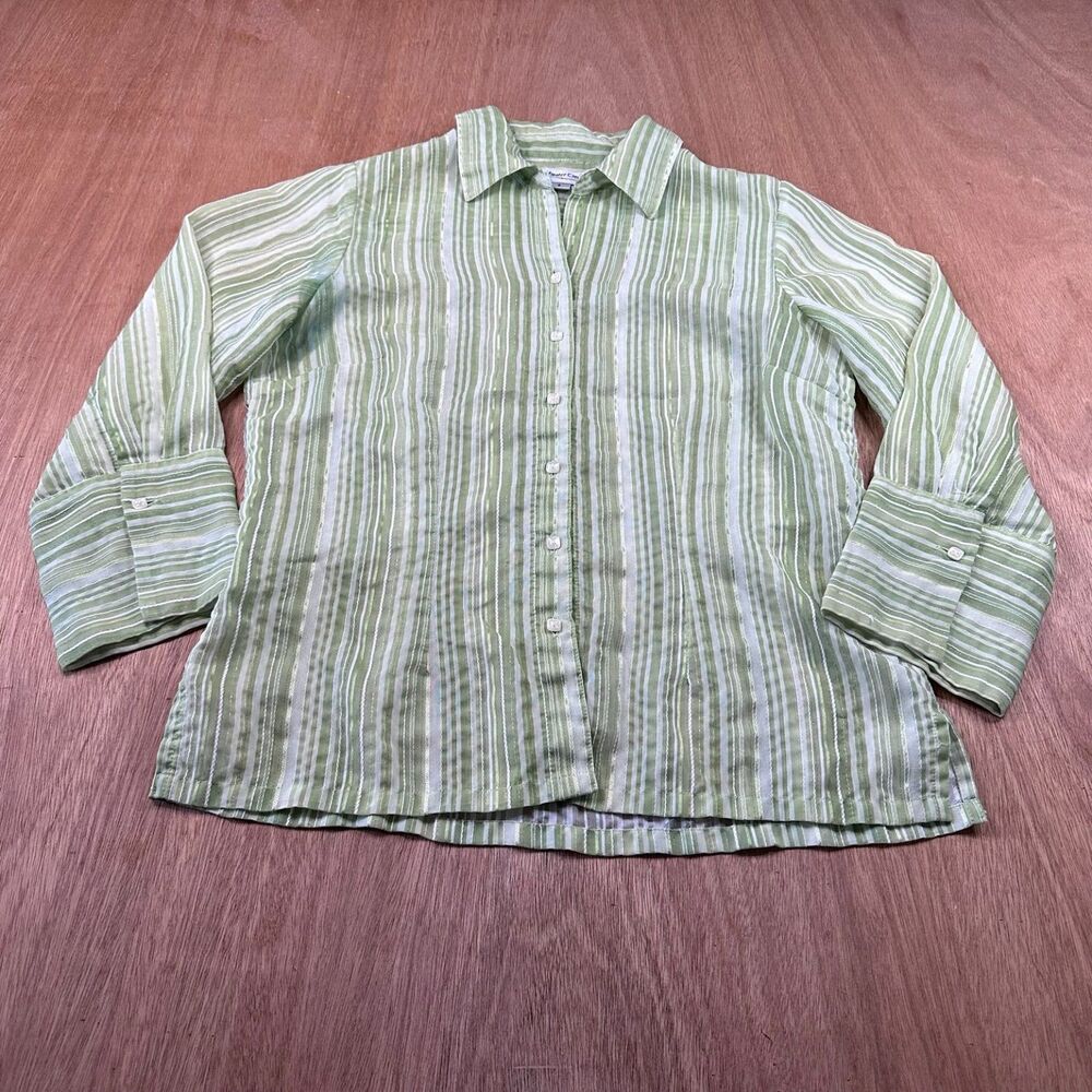 Coldwater Creek Womens Small Sheer Green Striped Button Down Blouse